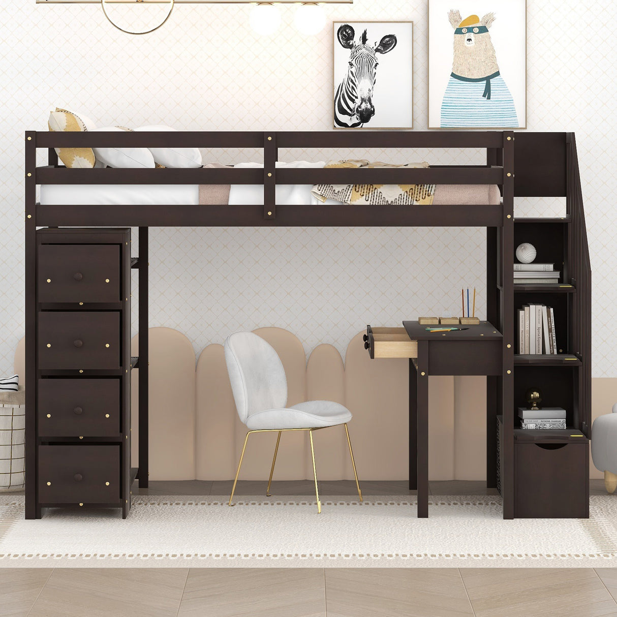 Twin size Loft Bed with Storage Drawers ,Desk and Stairs, Wooden Loft Bed with Shelves - Espresso - Home Elegance USA