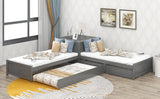 L-shaped Platform Bed with Trundle and Drawers Linked with built-in Flip Square Table,Twin,Gray - Home Elegance USA