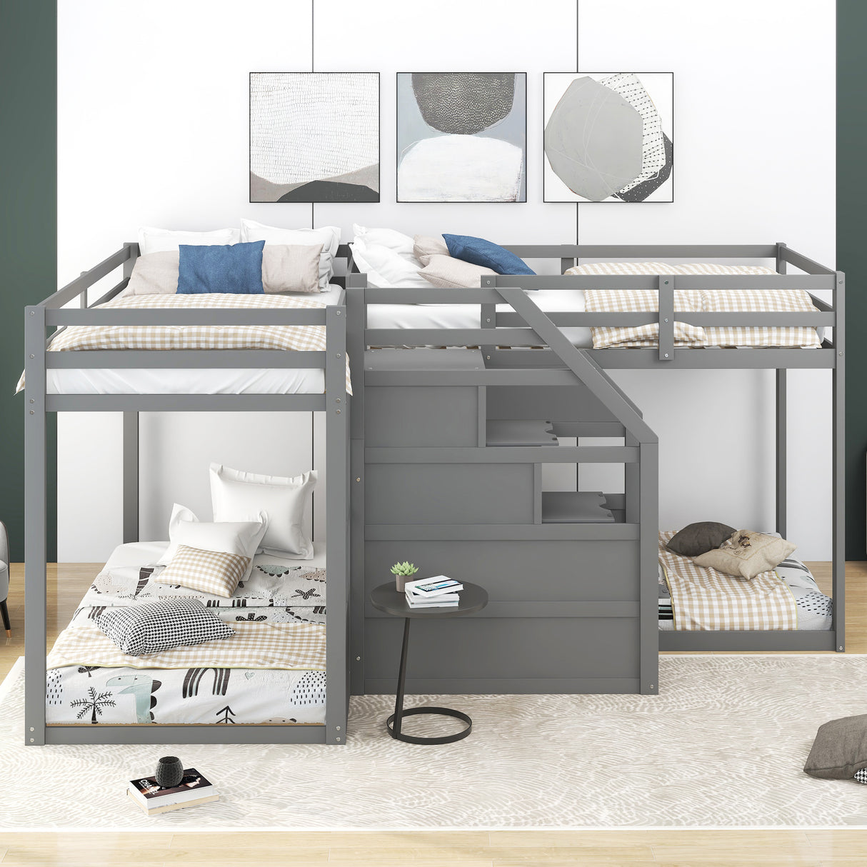 Twin over Twin L-Shaped Bunk Bed with Built-in Middle Staircase,Gray - Home Elegance USA