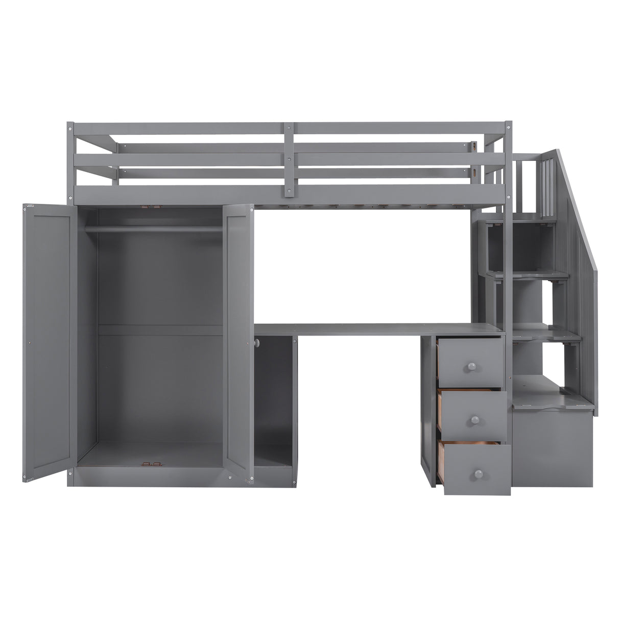 Twin Size Loft Bed with Wardrobe and Staircase, Desk and Storage Drawers and Cabinet in 1,Gray - Home Elegance USA