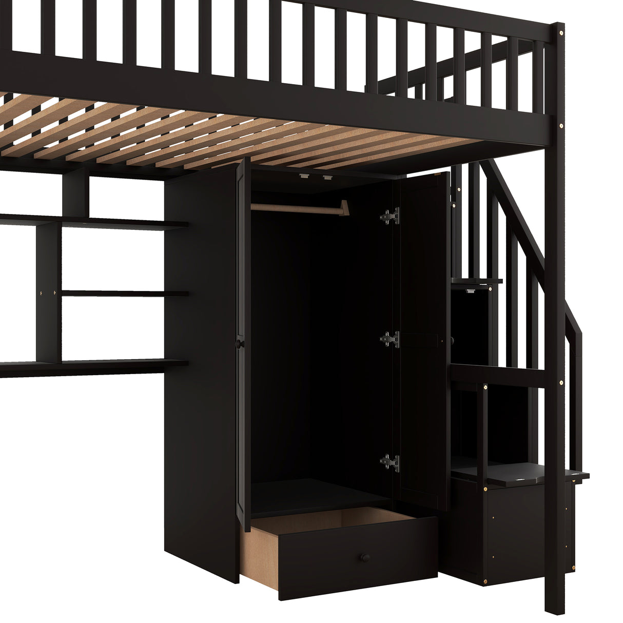 Full size Loft Bed with Bookshelf,Drawers,Desk,and Wardrobe-Espresso - Home Elegance USA