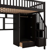 Full size Loft Bed with Bookshelf,Drawers,Desk,and Wardrobe-Espresso - Home Elegance USA