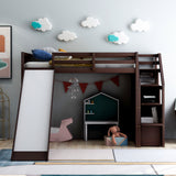 Twin Size Loft Bed with Storage and Slide, Espresso - Home Elegance USA