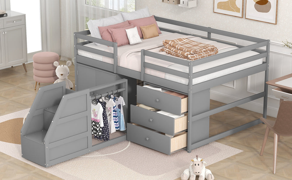 Full Size Functional Loft Bed with Cabinets and Drawers, Hanging Clothes at the back of the Staircase, Gray - Home Elegance USA