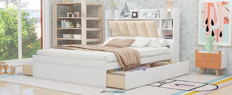 Wood Queen Size Platform Bed with Storage Headboard, Shelves and 4 Drawers, White