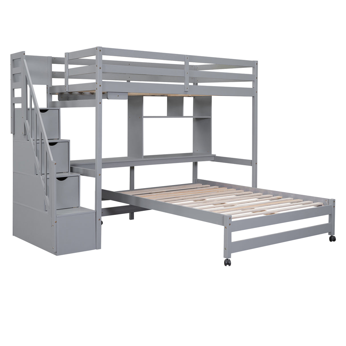 Twin over Full Bunk Bed with Storage Staircase, Desk, Shelves and Hanger for Clothes, Gray - Home Elegance USA