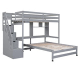 Twin over Full Bunk Bed with Storage Staircase, Desk, Shelves and Hanger for Clothes, Gray - Home Elegance USA