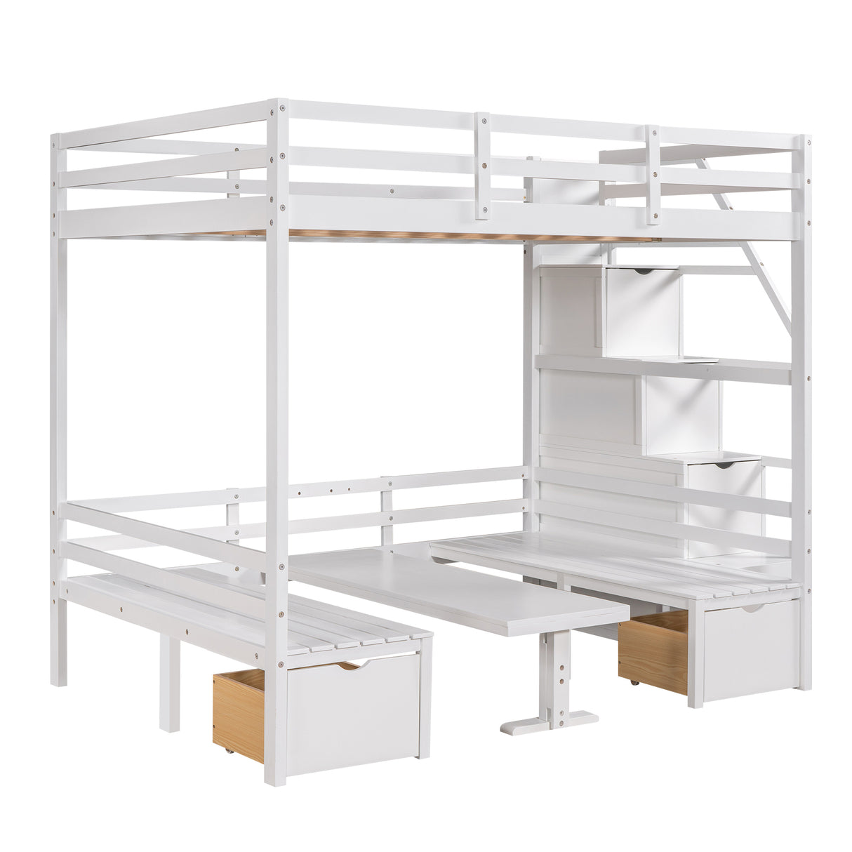 Full over Full Size Bunk Bed with staircase,the Down Bed can be Convertible to Seats and Table Set,White - Home Elegance USA