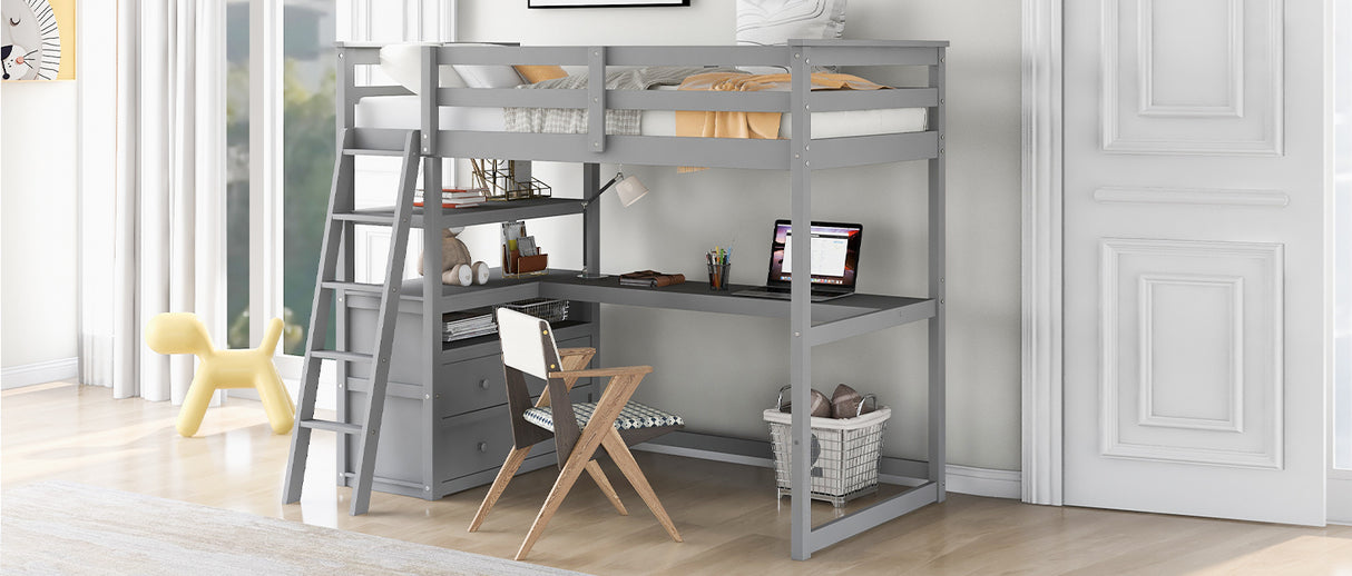 Twin Size Loft Bed with Desk and Shelves, Two Built-in Drawers, Gray(old SKU: GX000803AAE-1） - Home Elegance USA