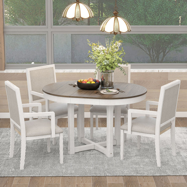 TREXM 5-Piece Dining Table Set, Two-Size Round To Oval Extendable Butterfly Leaf Wood Dining Table and 4 Upholstered Dining Chairs with Armrests (Brown+White) - Home Elegance USA