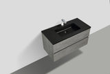 35'' Wall Mounted Single Bathroom Vanity in Ash Gray With Matte Black Solid Surface Vanity Top
