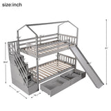 Twin over Twin House Bunk Bed with Two Drawers and Slide,Storage Staircase,Gray - Home Elegance USA