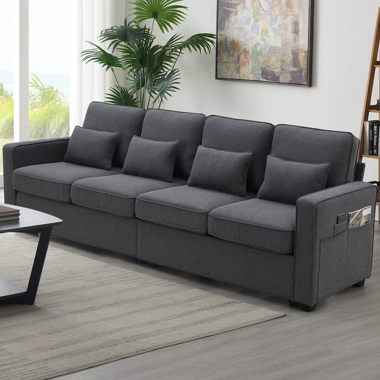 [VIDEO provided] [New] 104" 4-Seater Modern Linen Fabric Sofa with Armrest Pockets and 4 Pillows,Minimalist Style Couch for Living Room, Apartment, Office,3 Colors - Home Elegance USA