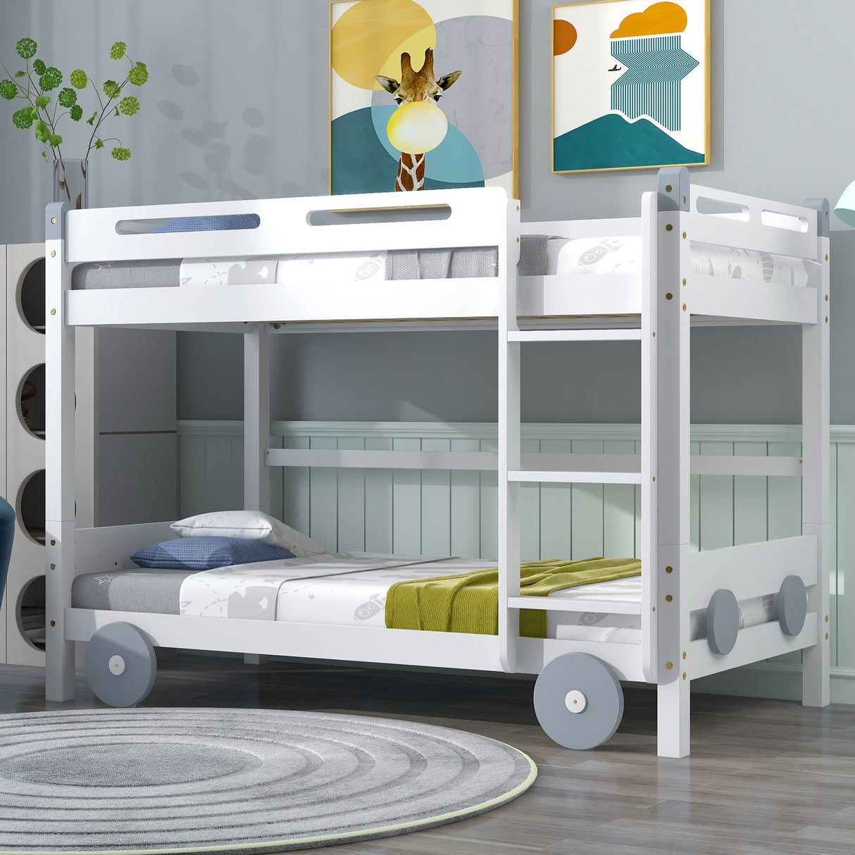 Twin Size Car-Shaped Convertible Bunk Bed, White - Home Elegance USA