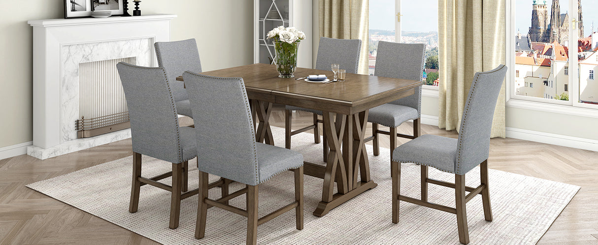 TOPMAX Mid-Century Solid Wood 7-Piece Dining Table Set Extendable Kitchen Table Set with Upholstered Chairs and 12" Leaf for 6, Golden Brown+Gray Cushion - Home Elegance USA