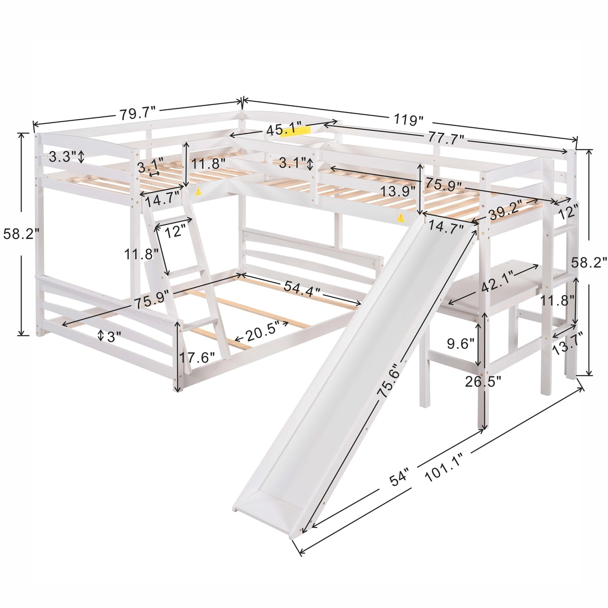 Twin over Full Bunk Bed with Twin Size Loft Bed with Desk and Slide,Full-Length Guardrail, White - Home Elegance USA