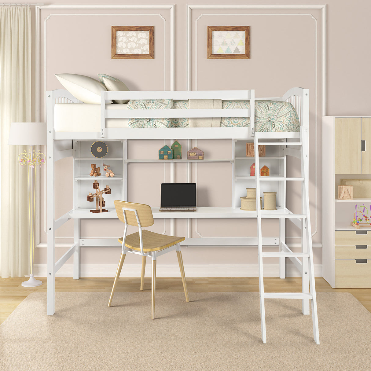 Twin size Loft Bed with Storage Shelves, Desk and Ladder, White(OLD SKU :LP000140KAA) - Home Elegance USA