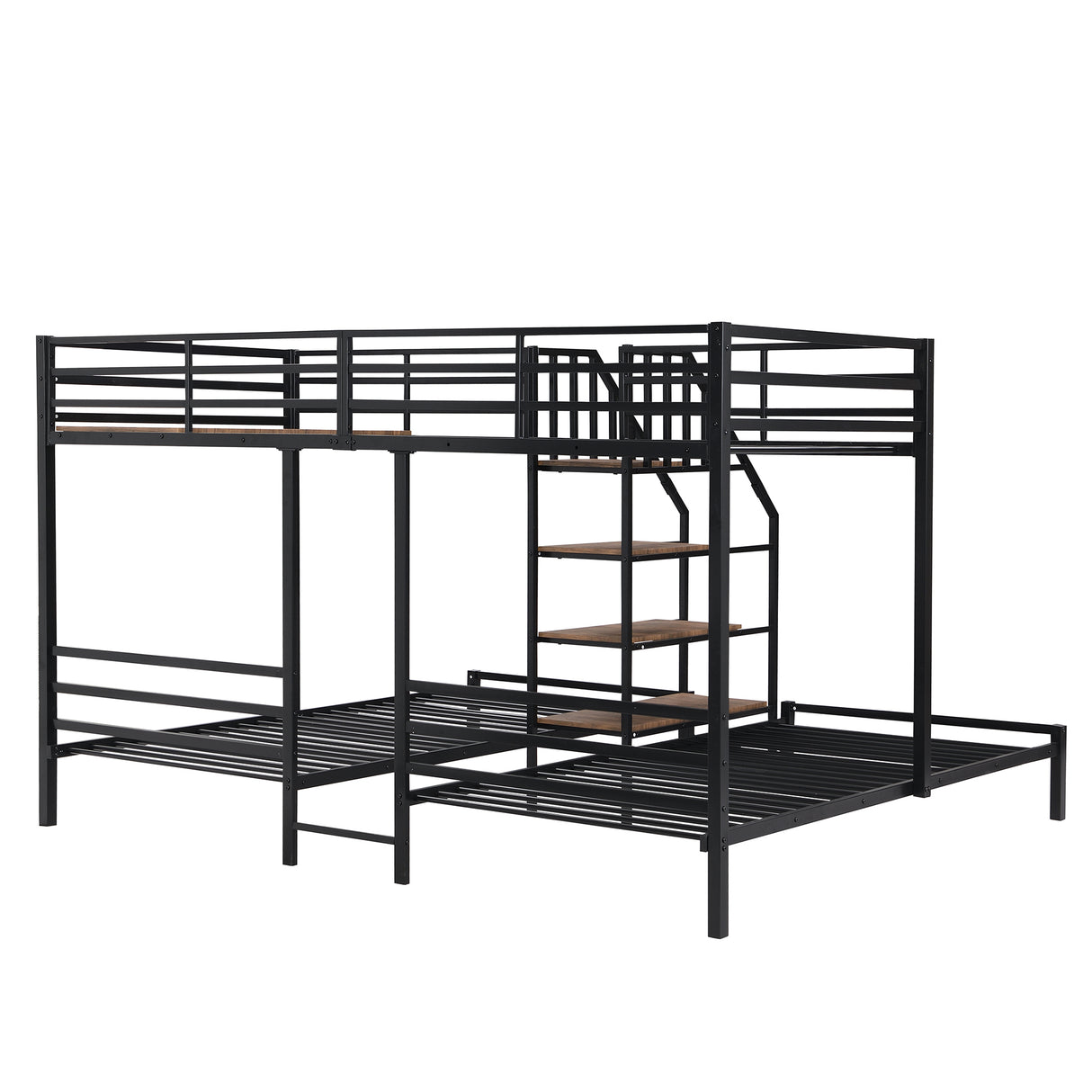 Metal Twin over Twin & Twin Bunk Bed, Triple Bunk Bed with Storage Shelves Staircase, Black - Home Elegance USA