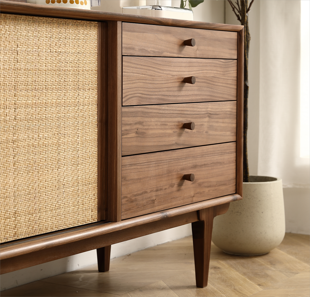 Two Door Four Drawer Cabinet with Rattan Weaving - Black Walnut/Natural Vine MDF Sideboard,Sideboard Buffet Cabinet. 68.89 inch - Home Elegance USA