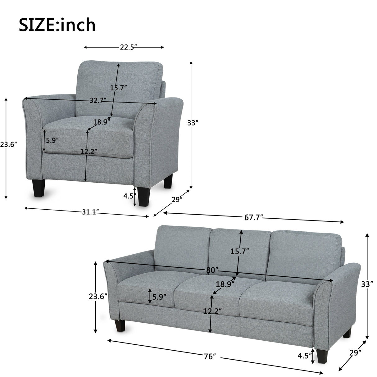 Living Room Furniture chair  and 3-seat Sofa (Gray) Home Elegance USA