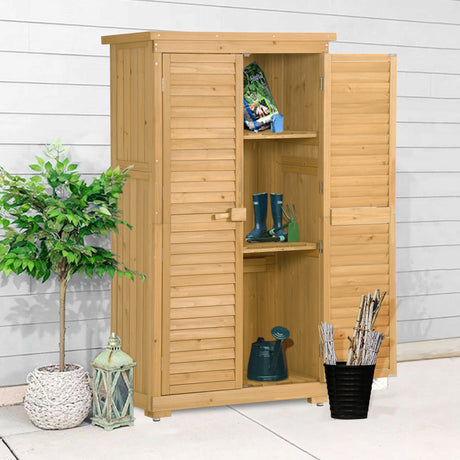 TOPMAX Wooden Garden Shed 3-tier Patio Storage Cabinet Outdoor Organizer Wooden Lockers with Fir Wood (Natural Wood Color -Shutter Design) - Home Elegance USA