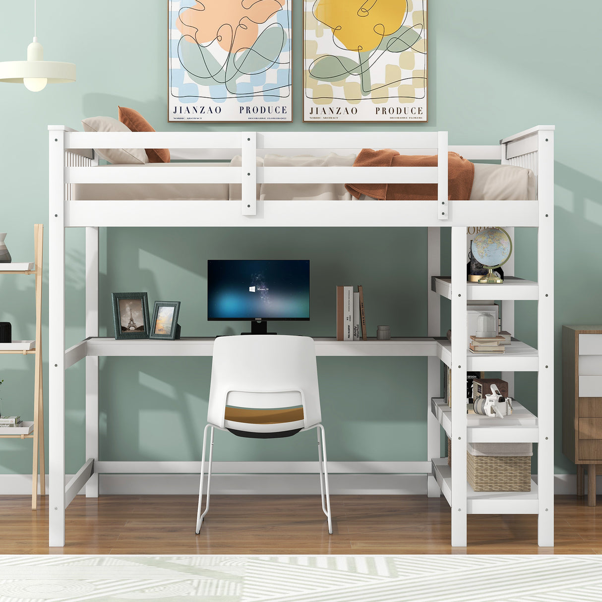 Full Size Loft Bed with Storage Shelves and Under-bed Desk, White - Home Elegance USA