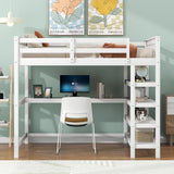 Full Size Loft Bed with Storage Shelves and Under-bed Desk, White - Home Elegance USA