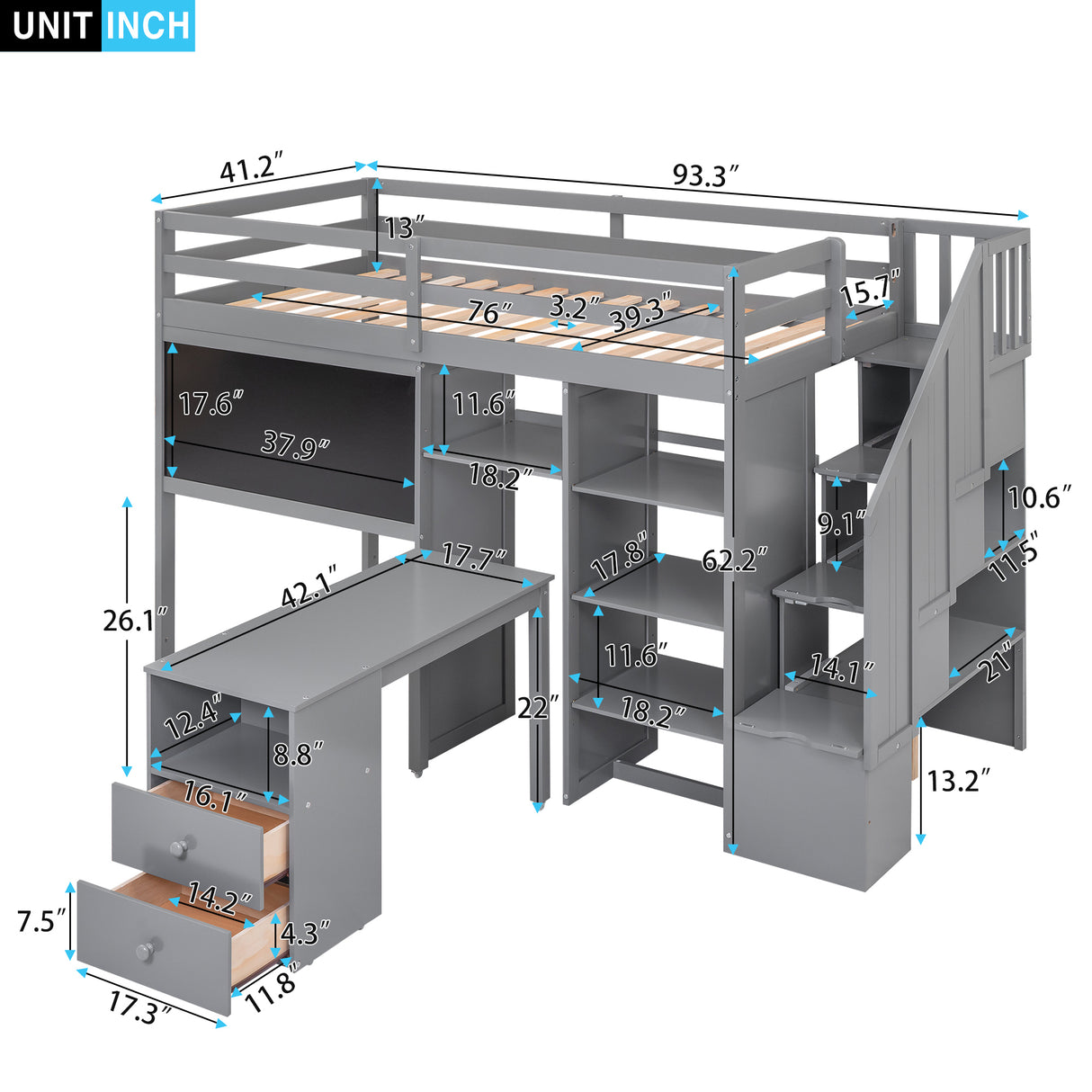 Twin Size Loft Bed with Pullable Desk and Storage Shelves,Staircase and Blackboard,Gray - Home Elegance USA