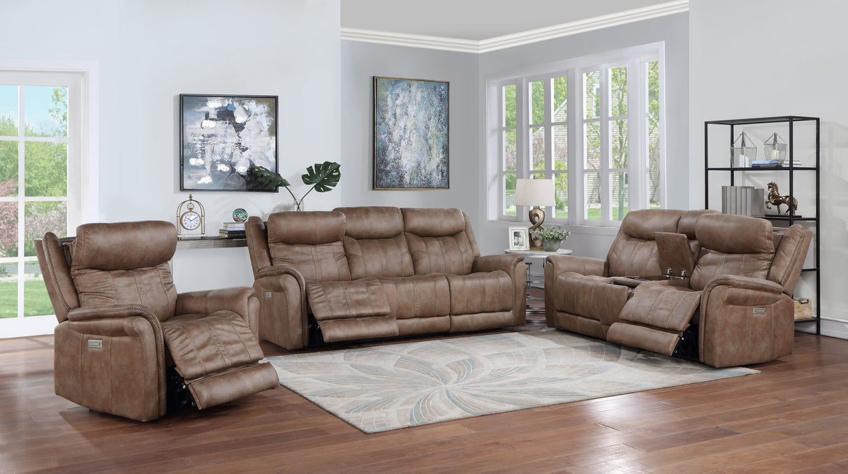 Transitional Console Loveseat - Warm Camel Faux-Suede, Power Footrest, Power Headrest - Concealed Cupholders, Built-In Console Home Elegance USA