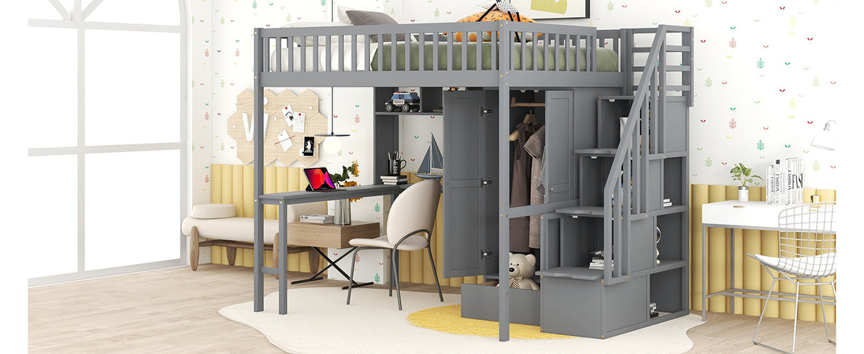 Full size Loft Bed with Bookshelf,Drawers,Desk,and Wardrobe-Gray - Home Elegance USA