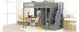 Full size Loft Bed with Bookshelf,Drawers,Desk,and Wardrobe-Gray - Home Elegance USA