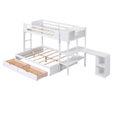 Wood Twin over Full Bunk Bed with Drawers, Shelves, Cabinets, L-shaped Desk and Magazine Holder, White - Home Elegance USA