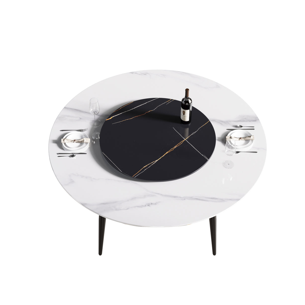 59.05"Modern artificial stone round black metal dining table - can accommodate 6 people - 31.5"black artificial stone turntable - W1535S00016 - image - 9