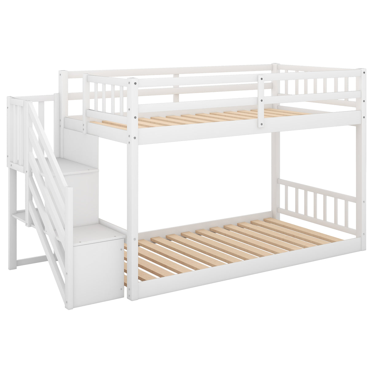 Twin over Twin Floor Bunk Bed, Ladder with Storage, White - Home Elegance USA