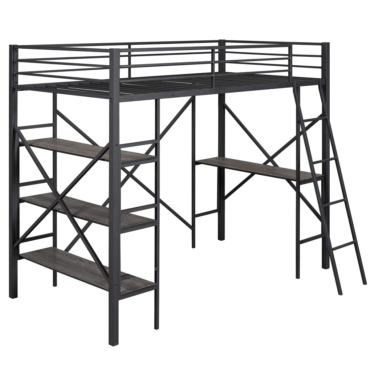 Twin Size Metal Loft Bed with Shelves and Desk, Black (Old SKU:SM001102AAB) - Home Elegance USA