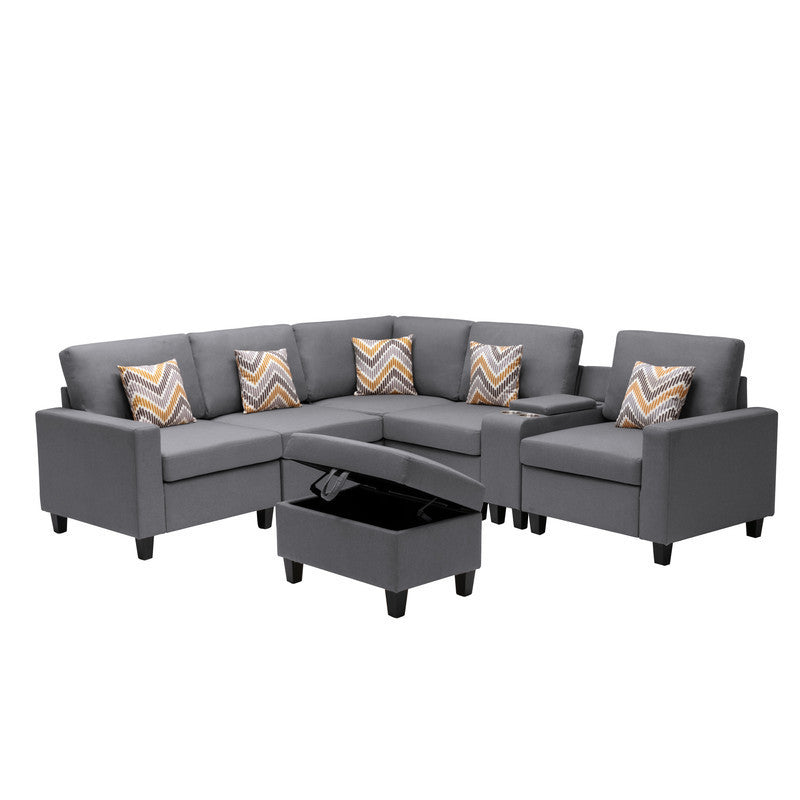 Nolan Gray Linen Fabric 7Pc Reversible Sectional Sofa with Interchangeable Legs, Pillows, Storage Ottoman, and a USB, Charging Ports, Cupholders, Storage Console Table - Home Elegance USA