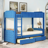 Twin over Twin Upholstered Bunk Bed with Two Drawers, Button-Tufted Headboard and Footboard Design, Blue - Home Elegance USA
