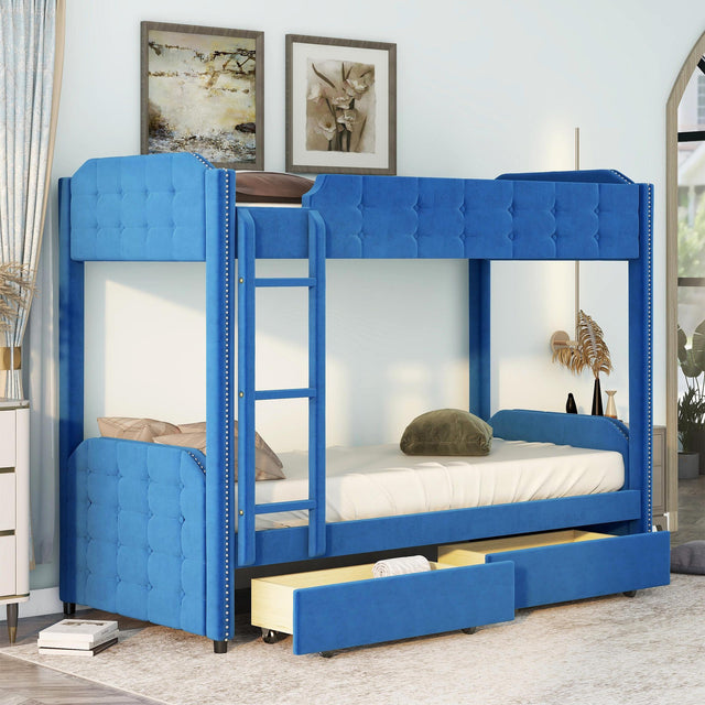 Twin over Twin Upholstered Bunk Bed with Two Drawers, Button-Tufted Headboard and Footboard Design, Blue - Home Elegance USA