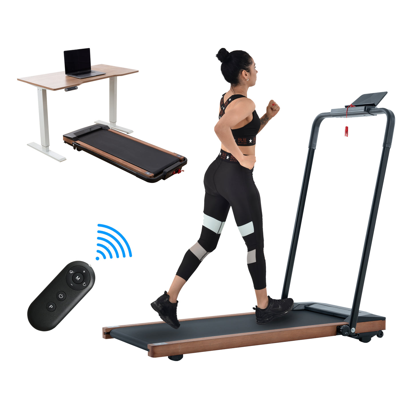 HP-P12ABK electric treadmill, folding treadmill, LCD display screen and mat holder;    Home Office Gym Stand, 2.25HP Electric， Wood Electric Treadmill with Remote Control, Walking Machine