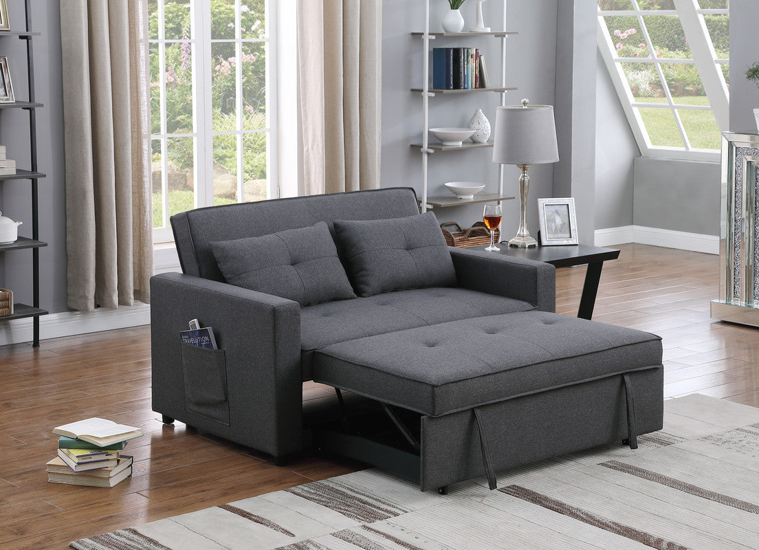 Zoey Dark Gray Linen Convertible Sleeper Loveseat with Side Pocket Home Elegance USA