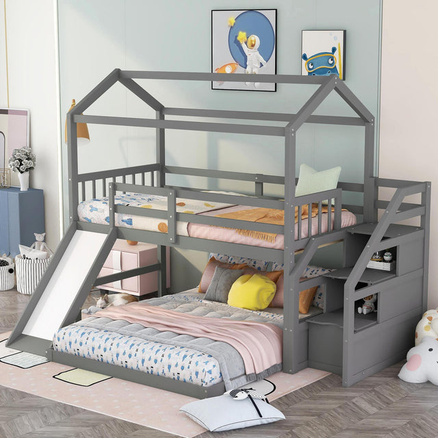 Twin over Full House Bunk Bed with Convertible Slide and Storage Staircase,Full-Length Guardrail,Gray - Home Elegance USA