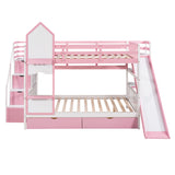 Full-Over-Full Castle Style Bunk Bed with 2 Drawers 3 Shelves and Slide - Pink