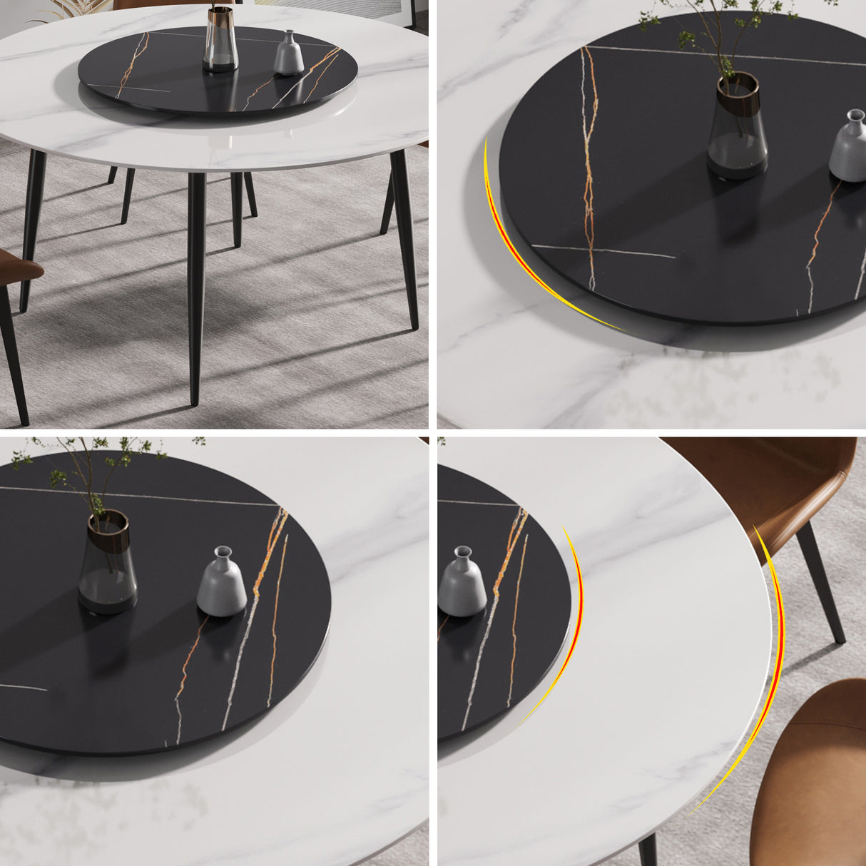 59.05"Modern artificial stone round black metal dining table - can accommodate 6 people - 31.5"black artificial stone turntable - W1535S00016 - image - 4