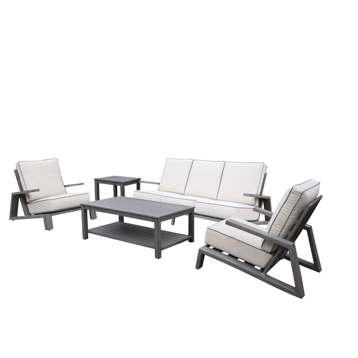 Octavia All-Weather Outdoor, Patio 5-Piece Aluminum Deep Seating Set with Water-Repellent Cushions for Deck, Backyards, Gardens, Lawns, Poolside, and Beach.