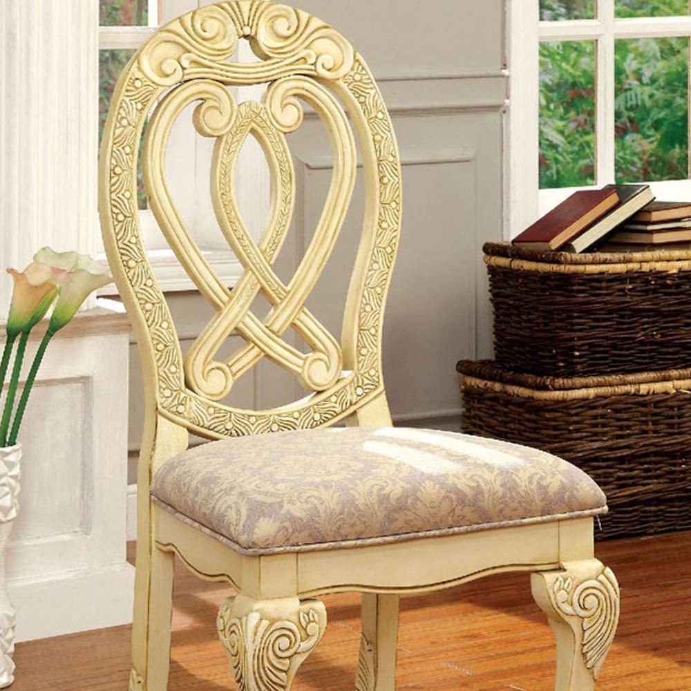 Formal Majestic Traditional Dining Chairs Vintage White Solid wood Fabric Seat Intricate Carved Details Set of 2 Side Chairs - Home Elegance USA