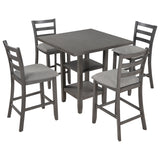 TREXM 5-Piece Wooden Counter Height Dining Set with Padded Chairs and Storage Shelving (Gray) - Home Elegance USA