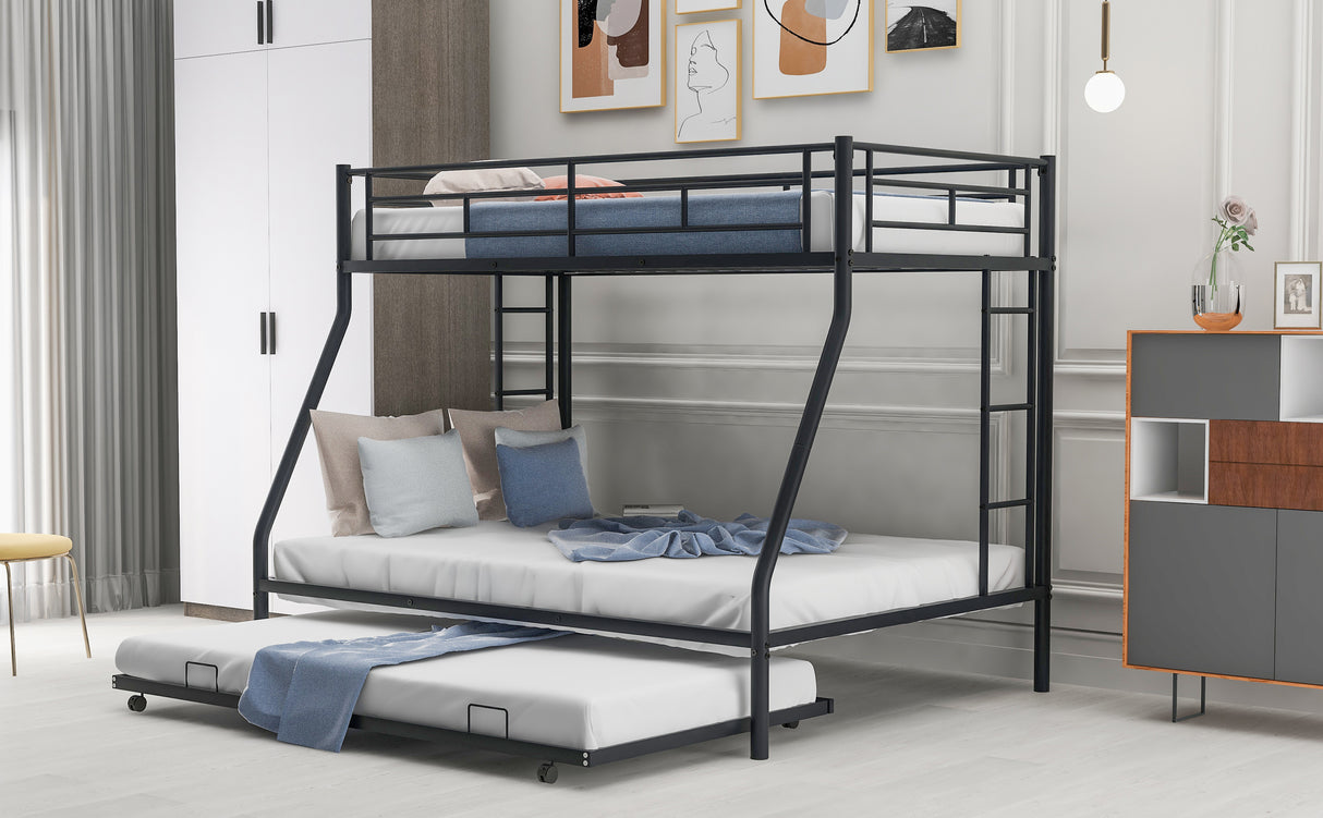 Twin over Full Bed with Sturdy Steel Frame, Bunk Bed with Twin Size Trundle, Two-Side Ladders, Black(OLD SKU:MF194424AAB) - Home Elegance USA