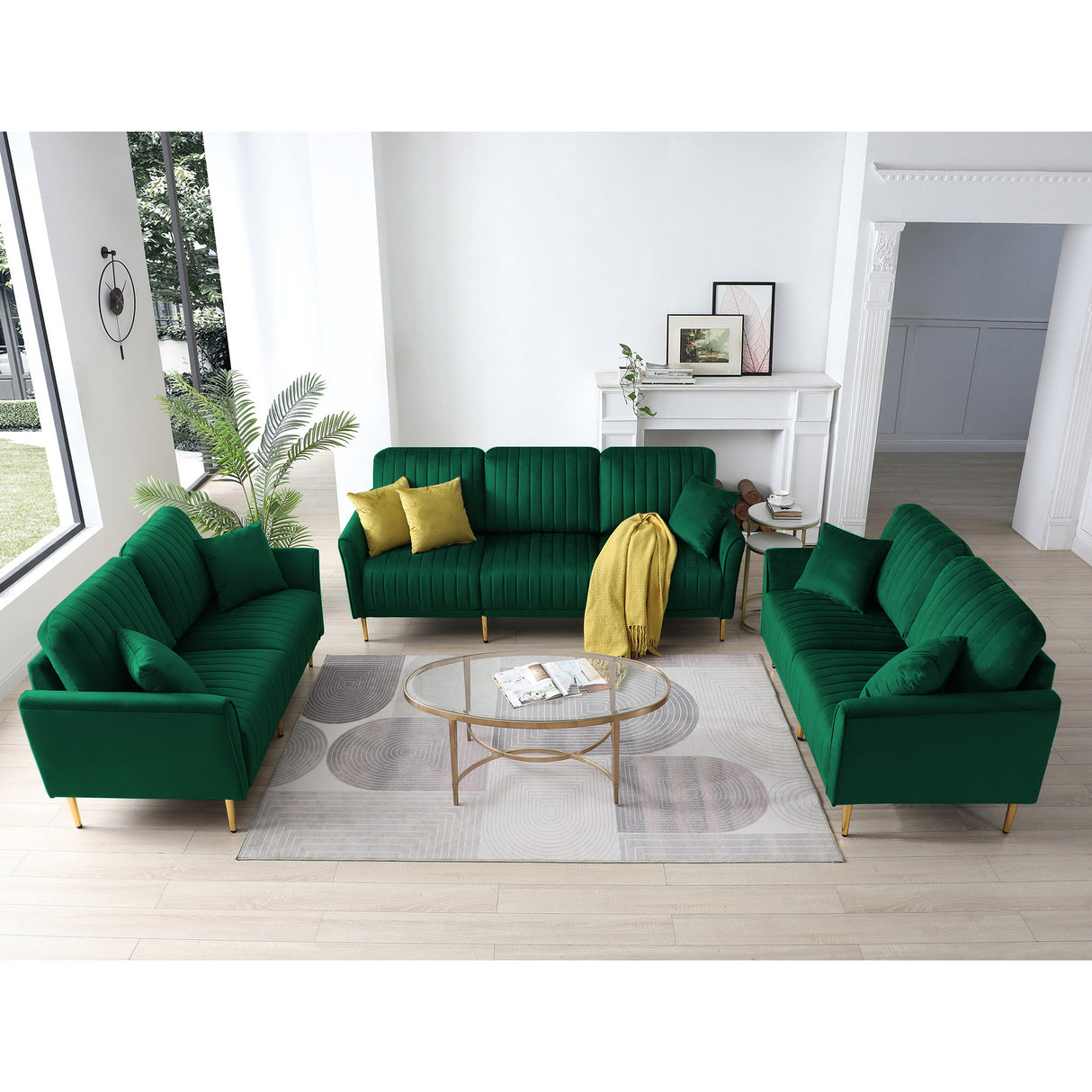 Sofa Sets for Living Room 3 Piece Mid Century Modern Sectional Couch Set, 2 Upholstered Loveseat Sofas and one 3-Seat Sofa (3, Green Velvet) Home Elegance USA