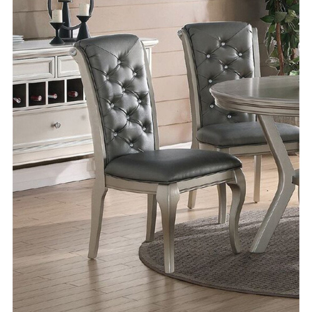 Formal Traditional Dining Table Round Table Silver Hue 5pc Dining Table w Shelf 4x Side Chairs Tufted Back Dining Room Furniture - Home Elegance USA