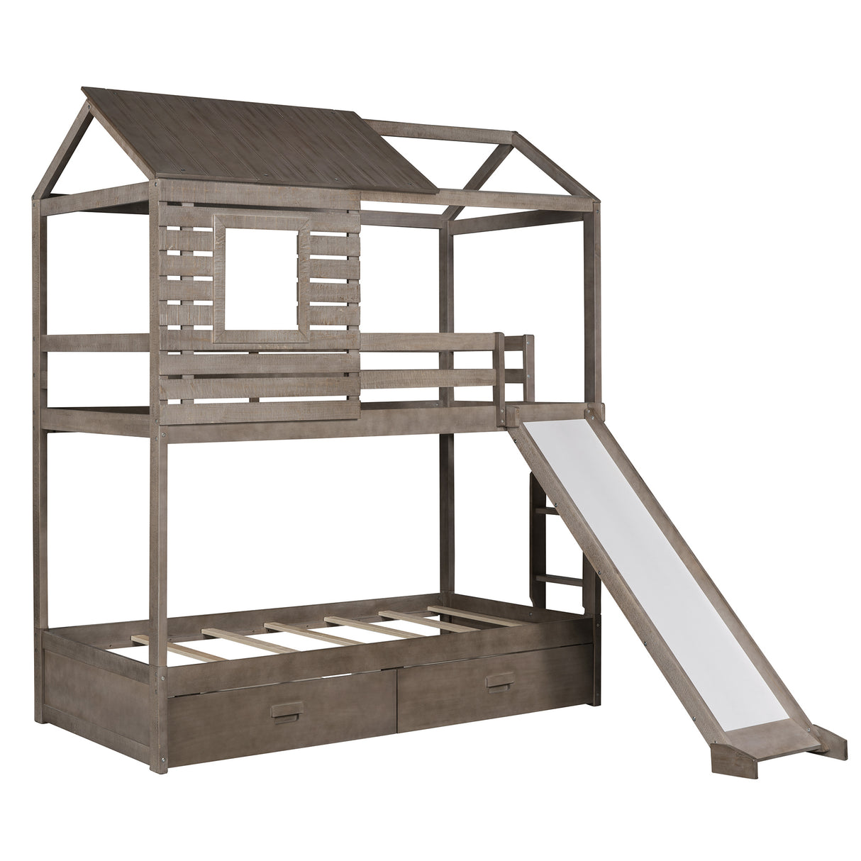 Twin Over Twin Bunk Bed with Two Storage Drawers and Slide, House-Shaped Wood Bunk Bed, Antique Gray (OLD SKU:LP000089AAE) - Home Elegance USA